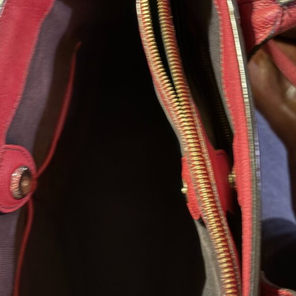 BURBERRY SM BANNER CRIMSON LEATHER CHECK CANVAS SHOULDER Medium TOTE BAG - Picture 8 of 16